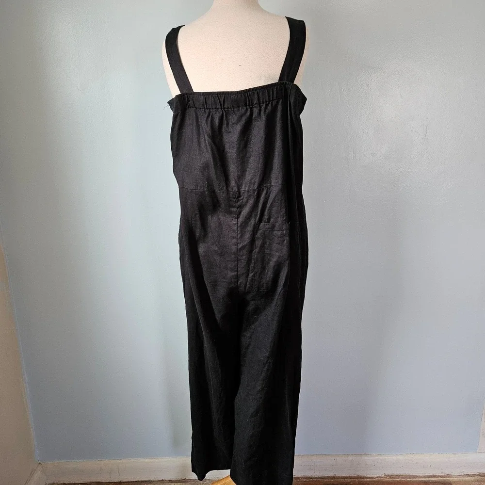 Quince Black Linen Square Neck Jumpsuit Wide Leg Sleeveless Pockets Large